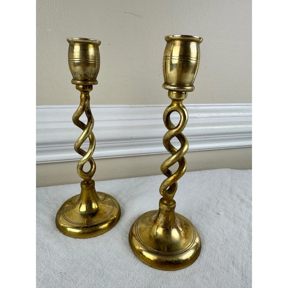 Vintage Solid Brass Barley Twist Candlestick Holders Pair 8